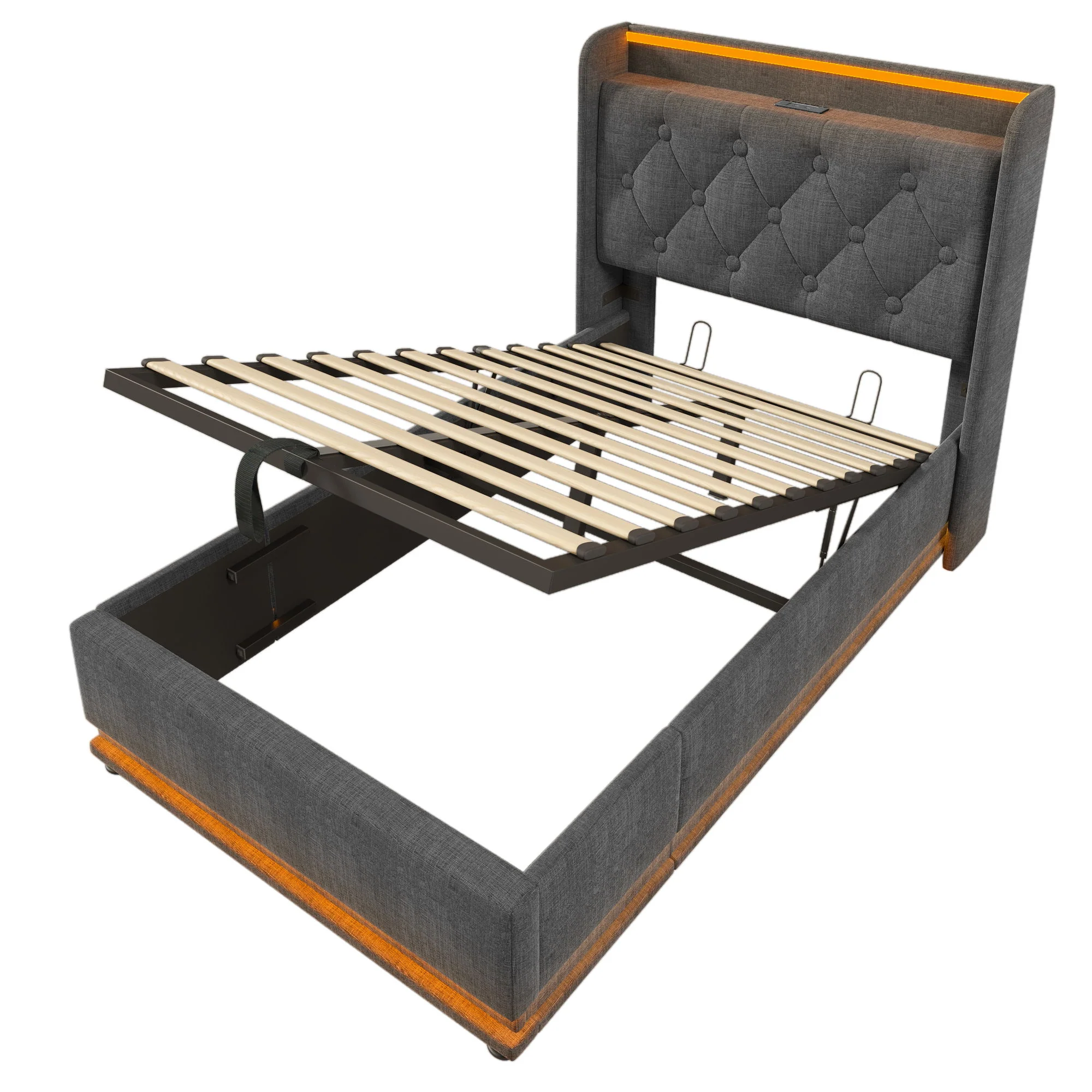 Upholstered Bed, 360 Surround LED Function, Remote Control, Hydraulic Storage Bed With USB, Type-C Charging (Without Mattress) - Image 91