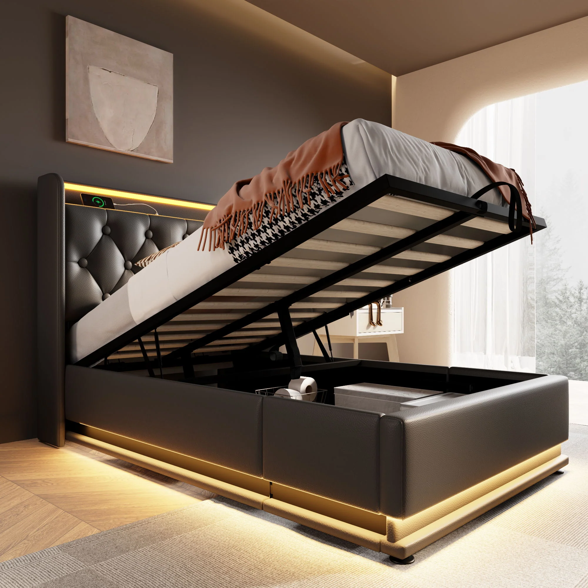 Upholstered Bed, 360 Surround LED Function, Remote Control, Hydraulic Storage Bed With USB, Type-C Charging (Without Mattress) - Image 94