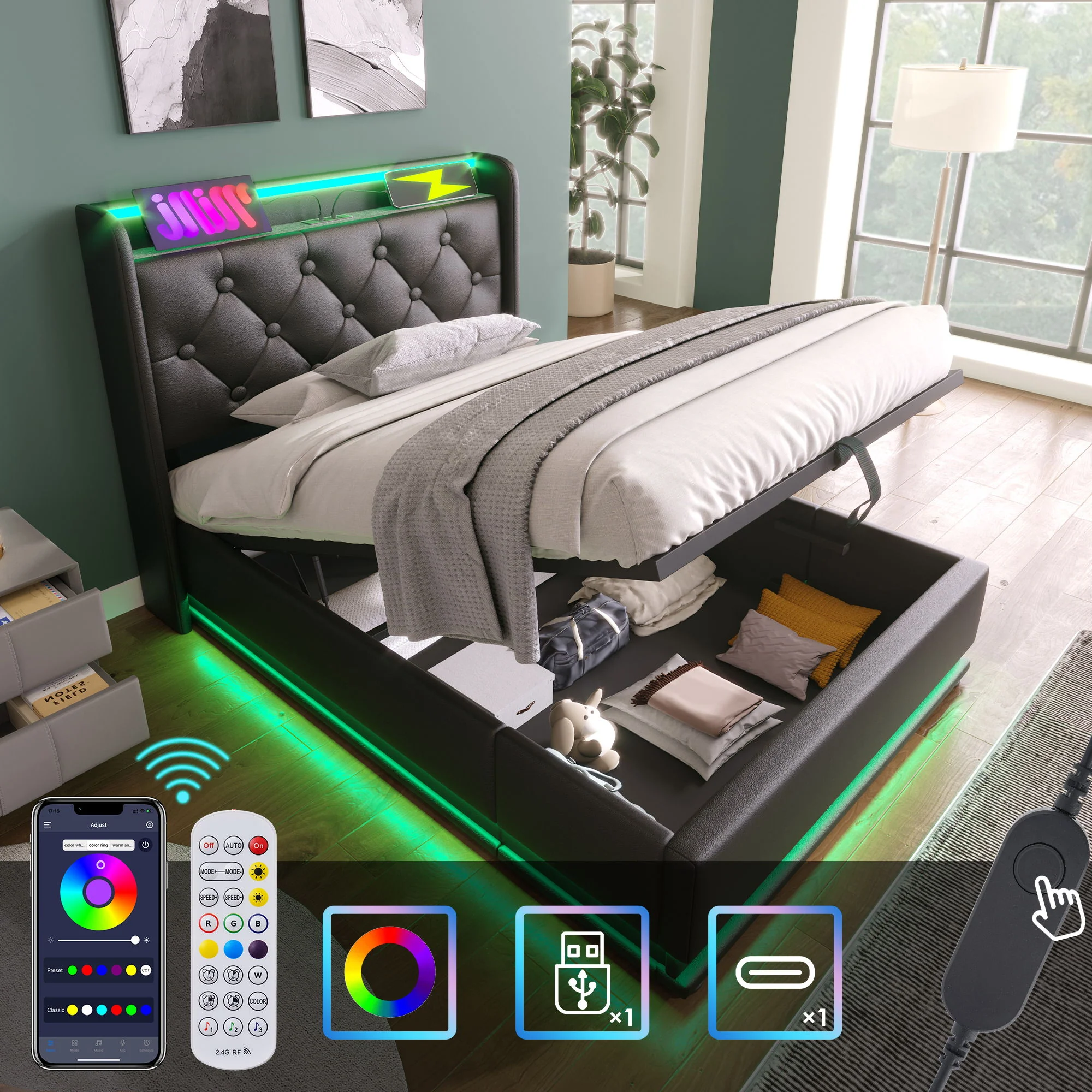 Upholstered Bed, 360 Surround LED Function, Remote Control, Hydraulic Storage Bed With USB, Type-C Charging (Without Mattress) - Image 96