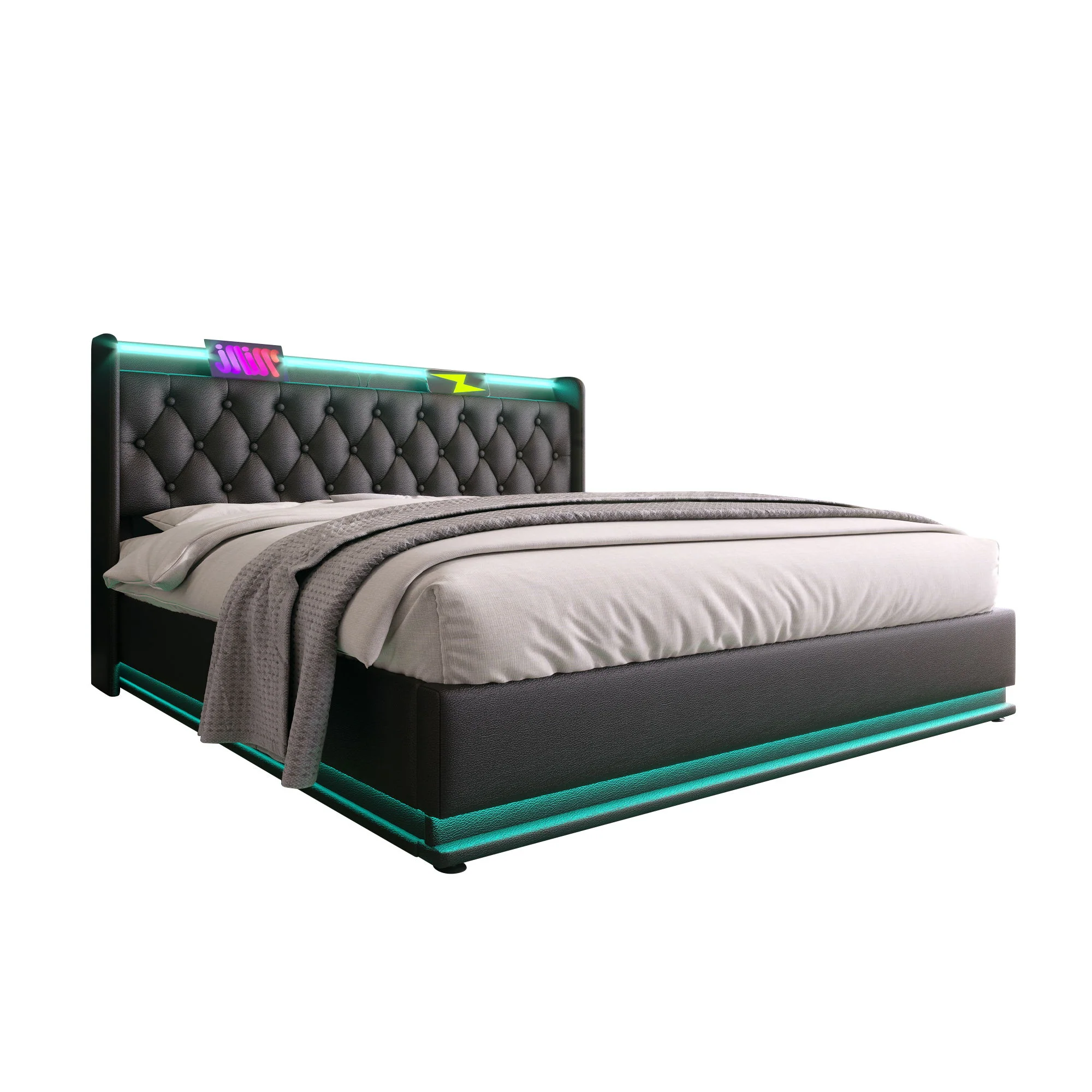 Upholstered Bed, 360 Surround LED Function, Remote Control, Hydraulic Storage Bed With USB, Type-C Charging (Without Mattress) - Image 98