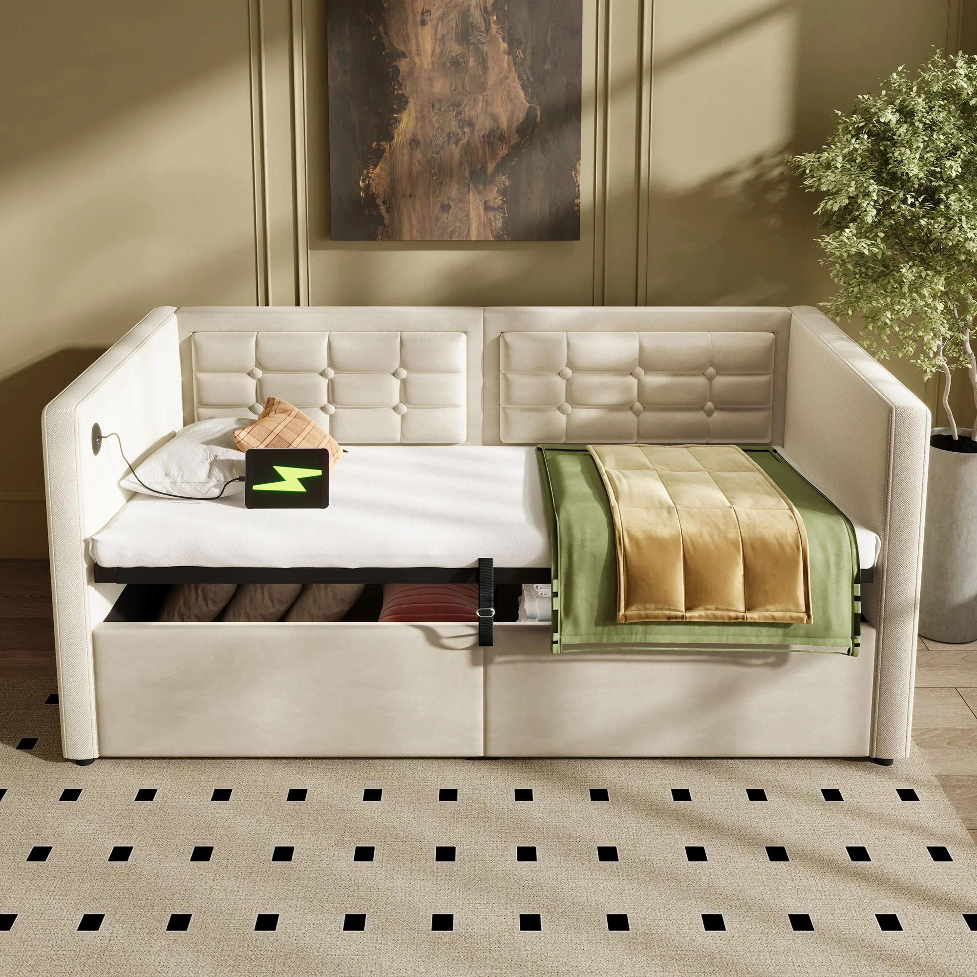 Upholstered Hydraulic Storage Daybed With USB & Type C Charging - Image 15