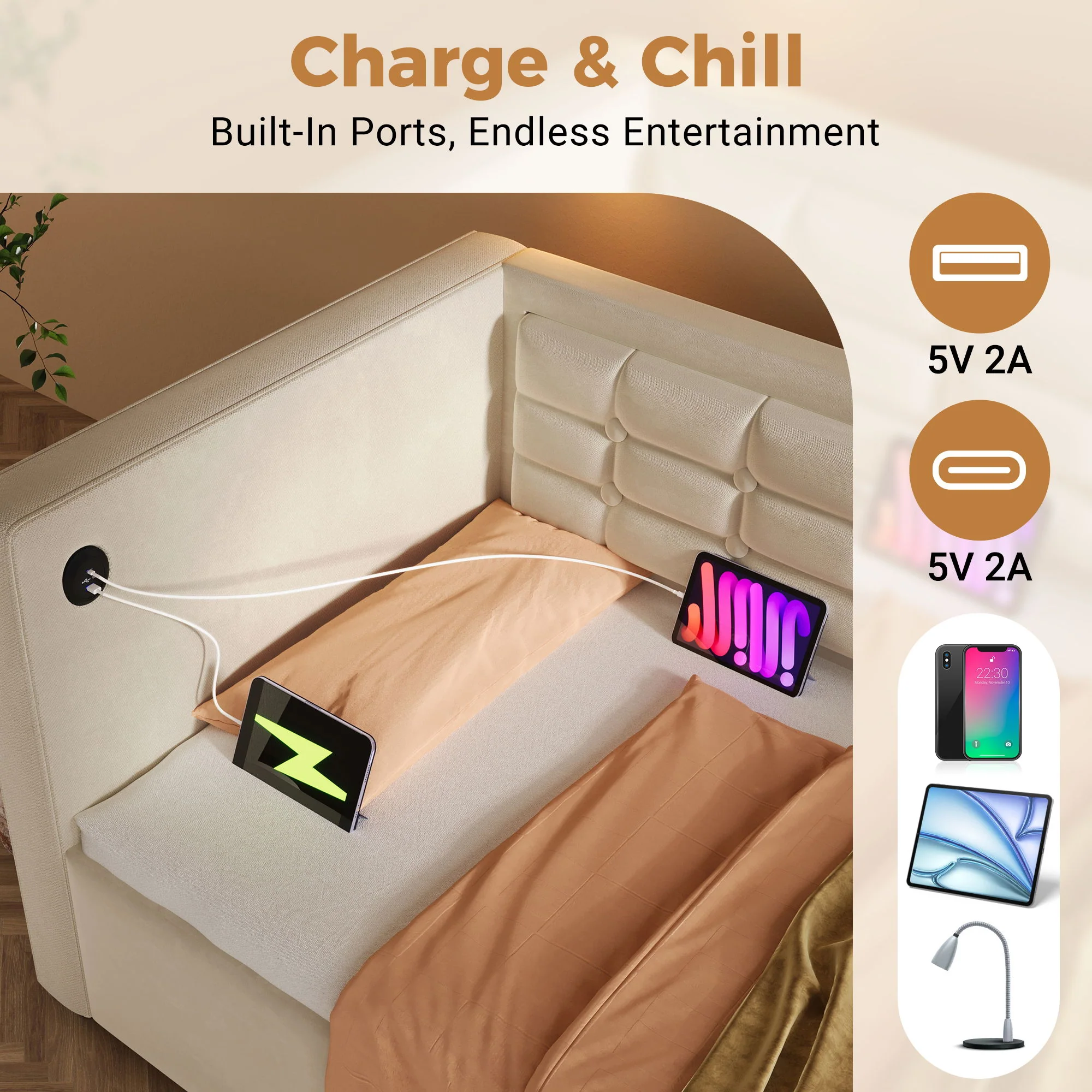 Upholstered Hydraulic Storage Daybed With USB & Type C Charging - Image 7
