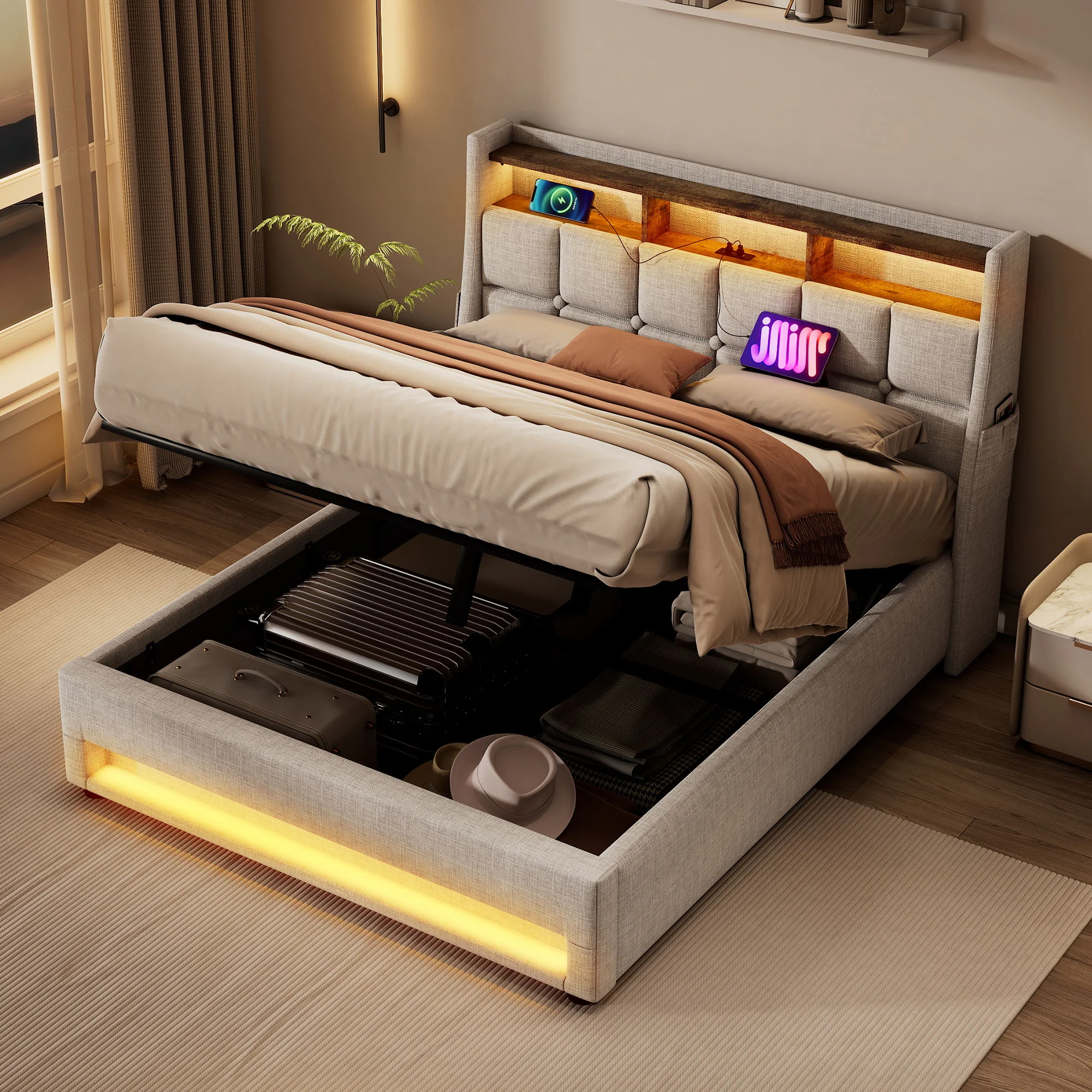 Upholstered Platform Bed With A Hydraulic Storage System, LED And USB Charging (Without Mattress) - Image 11