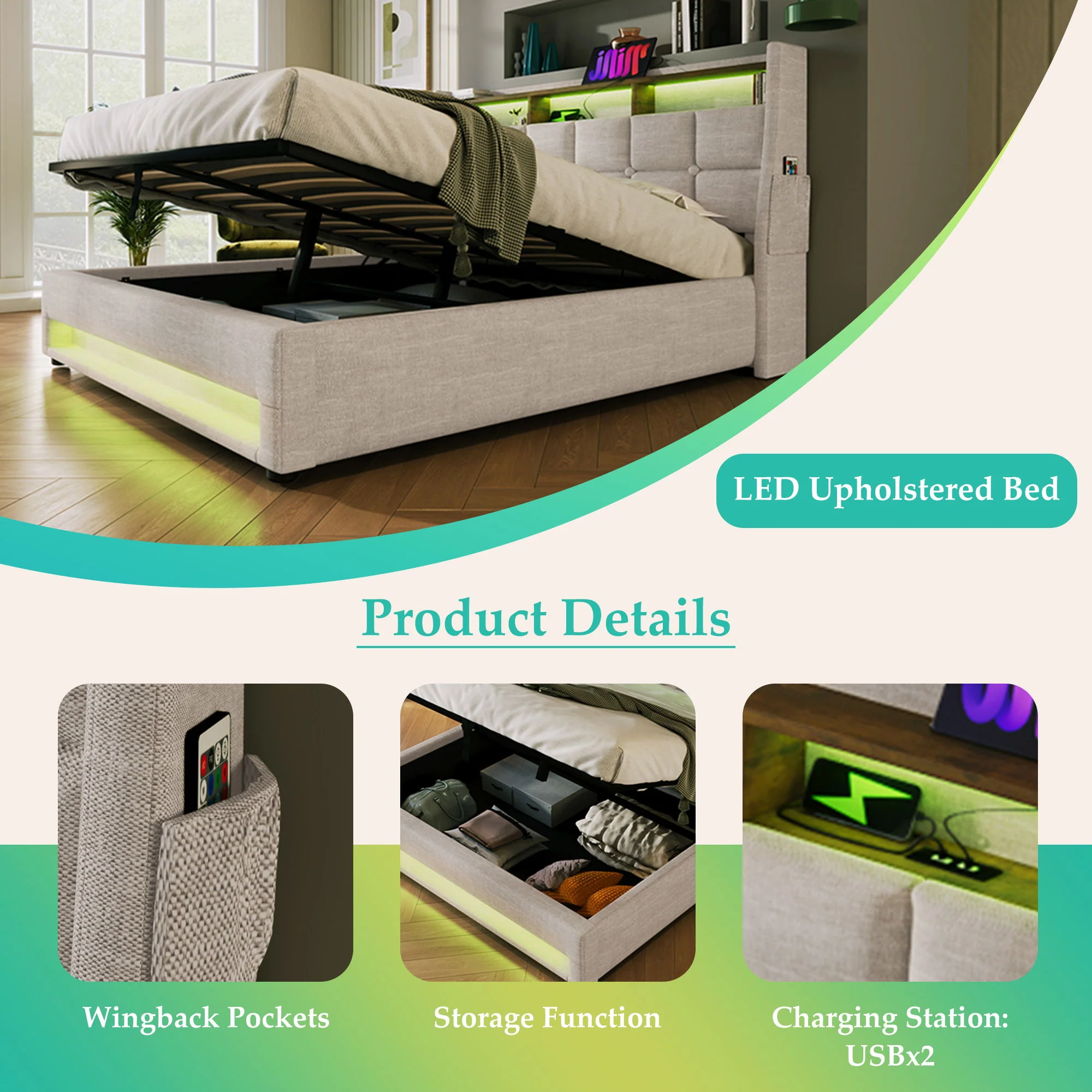 Upholstered Platform Bed With A Hydraulic Storage System, LED And USB Charging (Without Mattress) - Image 21