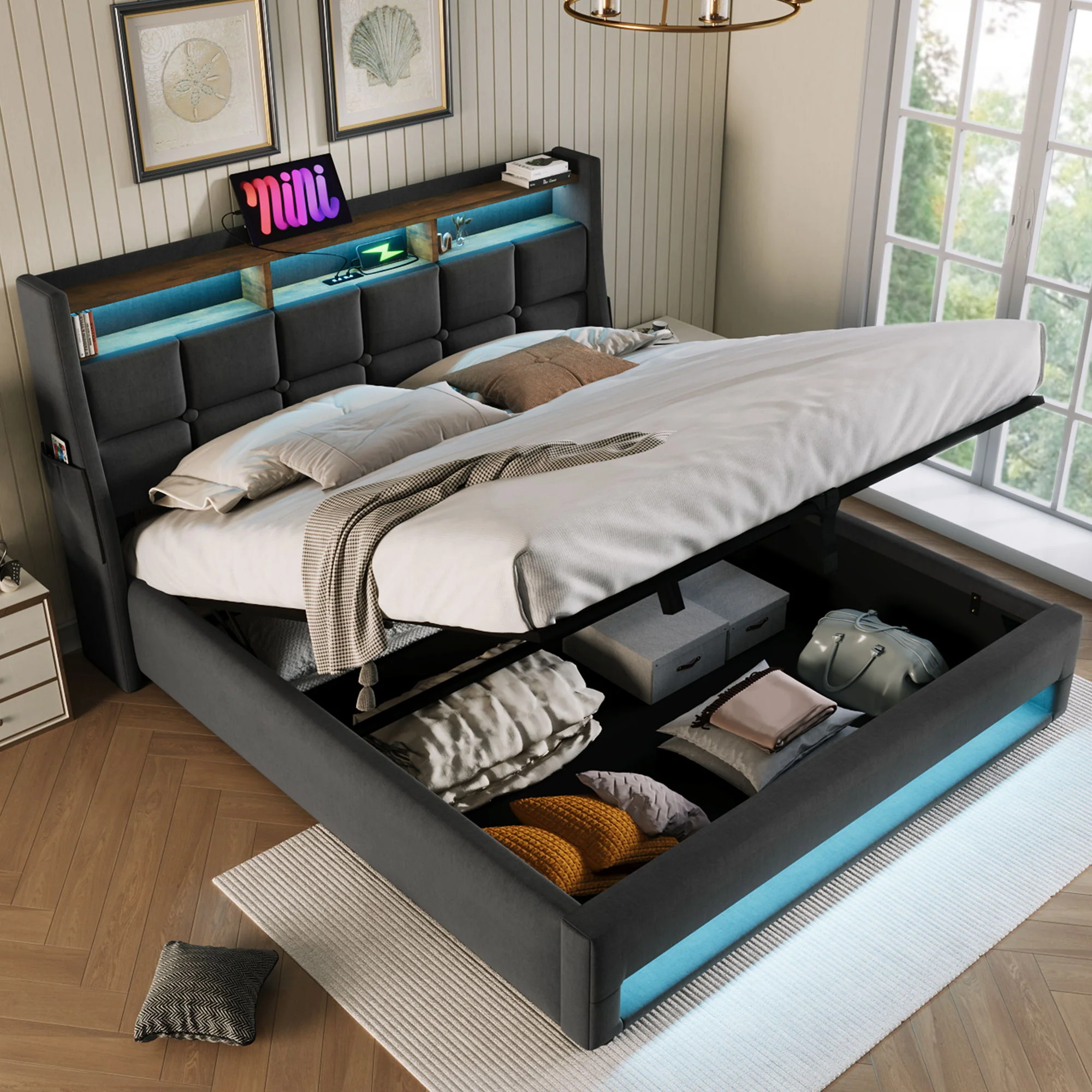 Upholstered Platform Bed With A Hydraulic Storage System, LED And USB Charging (Without Mattress) - Image 31