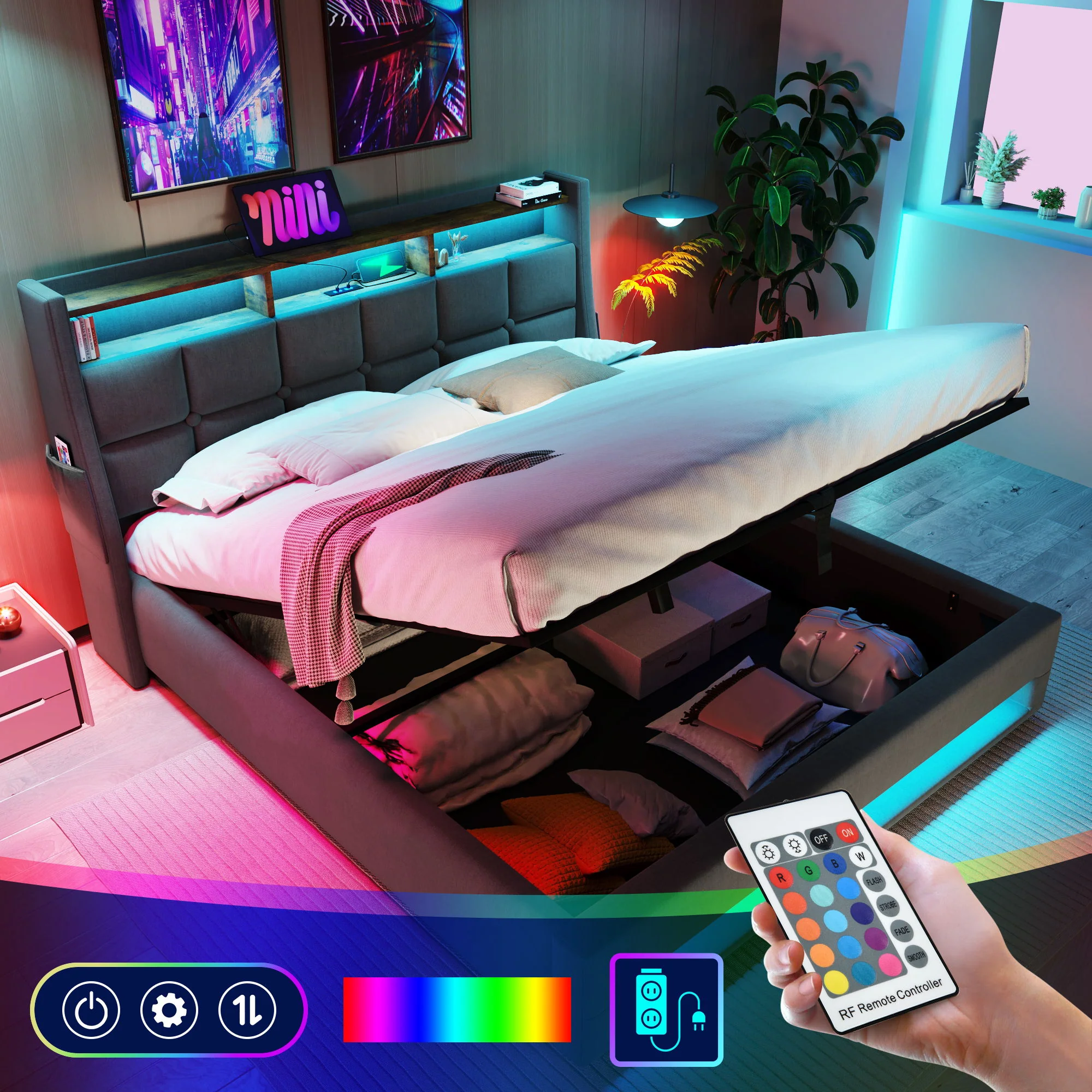 Upholstered Platform Bed With A Hydraulic Storage System, LED And USB Charging (Without Mattress) - Image 35