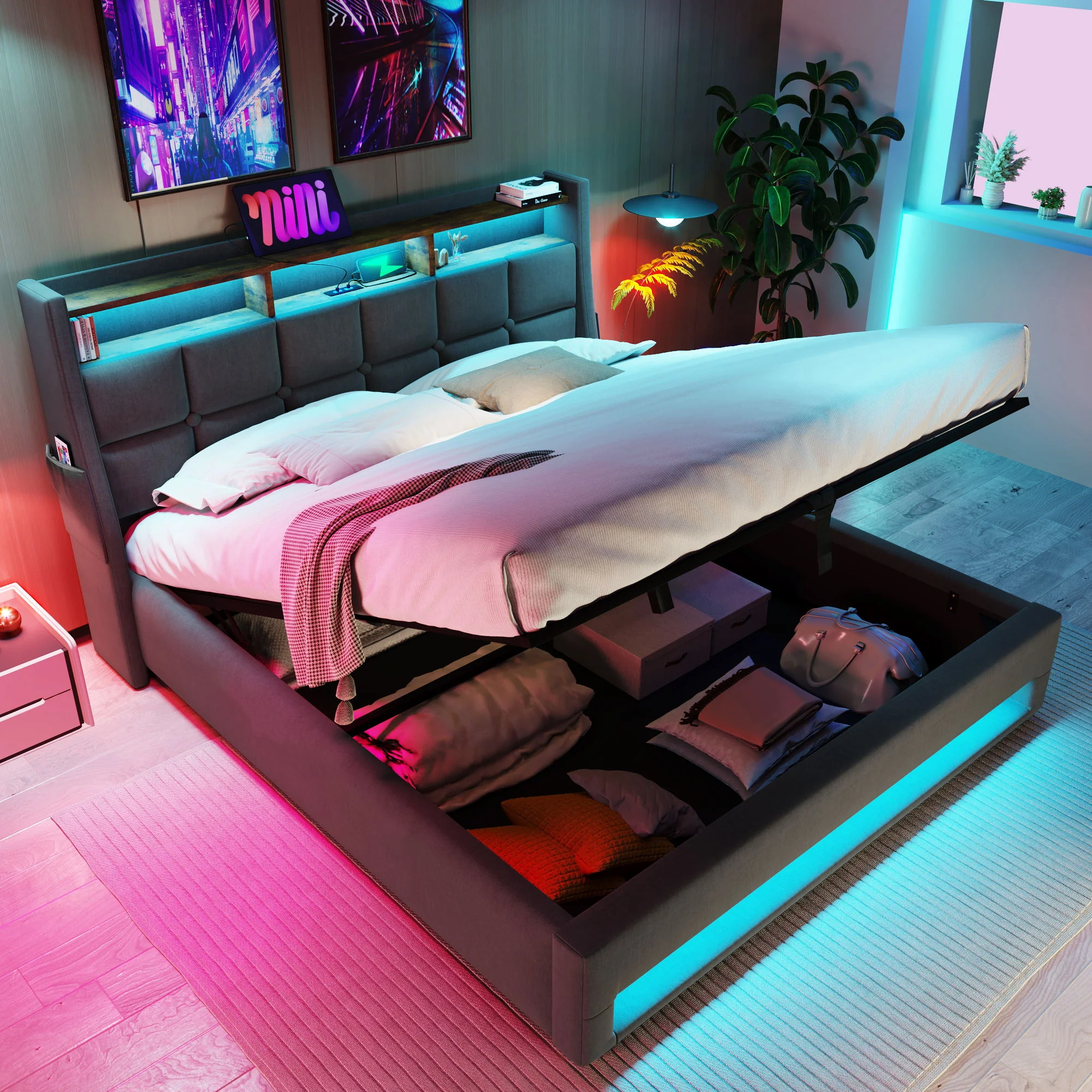 Upholstered Platform Bed With A Hydraulic Storage System, LED And USB Charging (Without Mattress) - Image 40