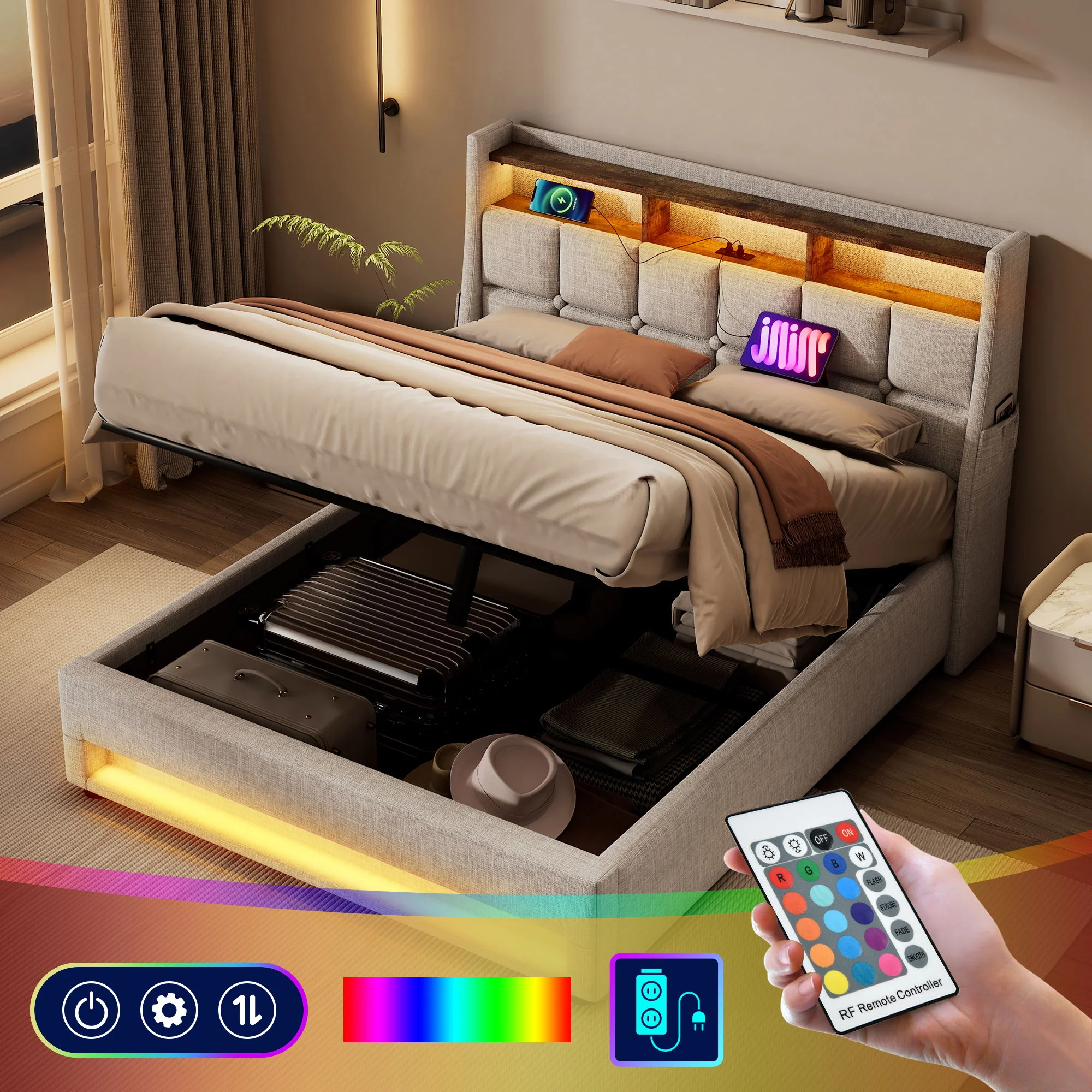 Upholstered Platform Bed With A Hydraulic Storage System, LED And USB Charging (Without Mattress) - Image 44