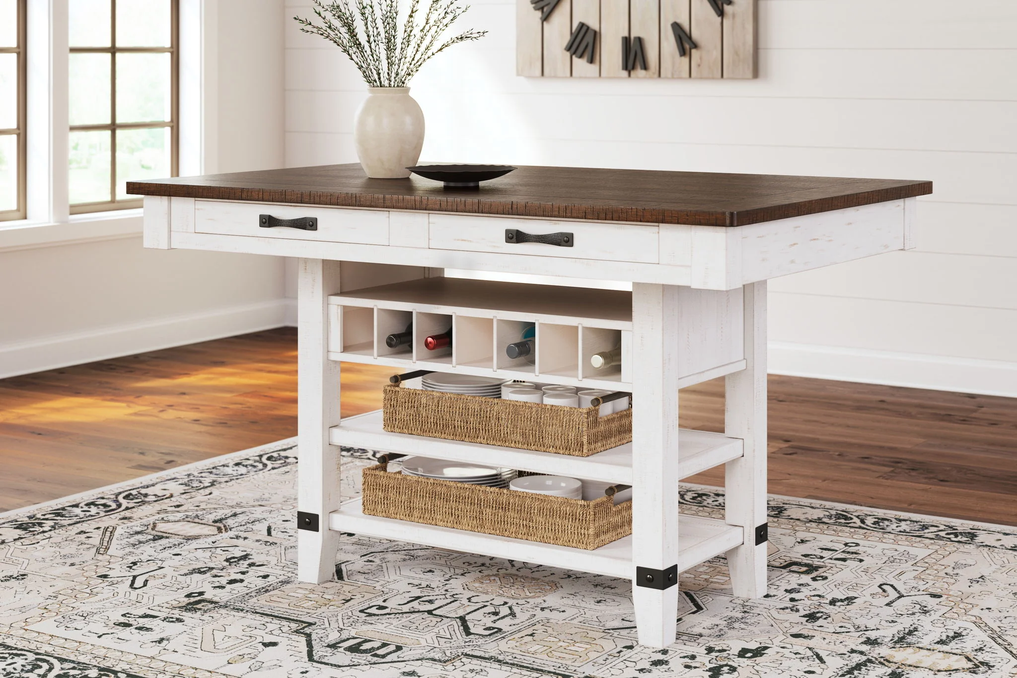 Valebeck - 5 Pc. - Counter Table With Wine Rack, 4 Swivel Stools - White / Brown - Image 3