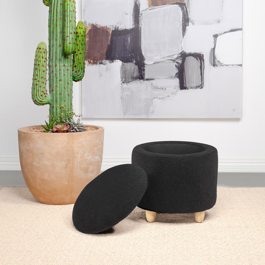 Valia Faux Sheepskin Upholstered Round Storage Ottoman Black - Image 2