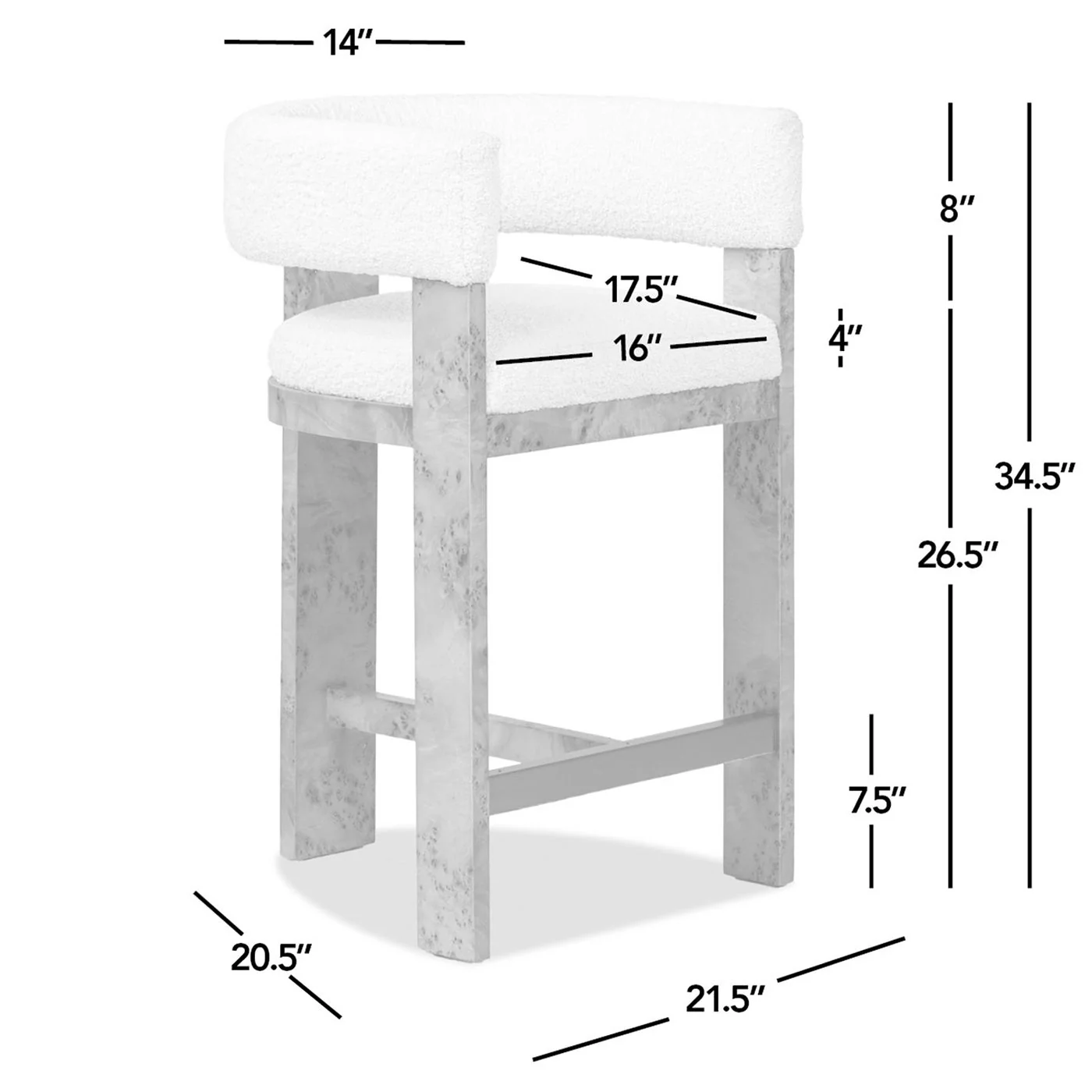 Vavona - Burl Upholstered Barrel Back Counter Height Bar Stool - Polar Off White - Image 3