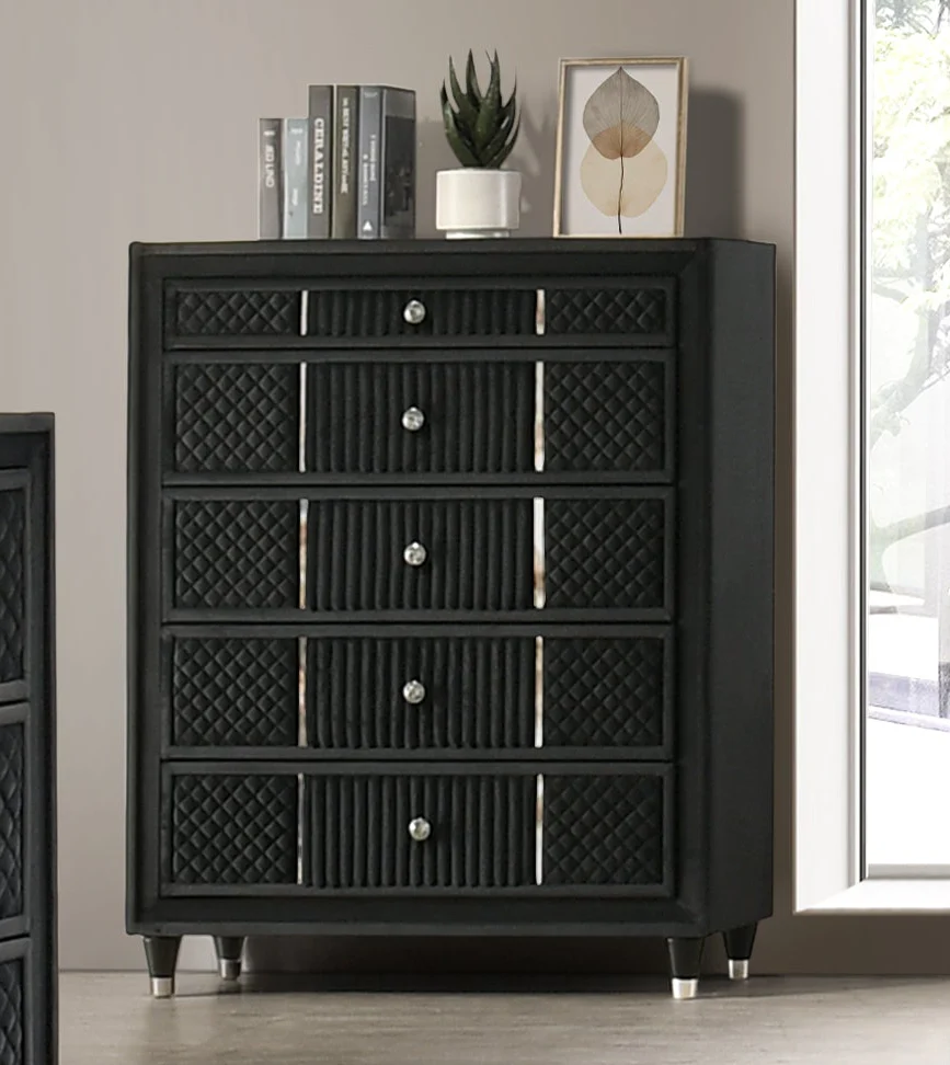 Velvet Black 5-Drawer Chest with Corduroy Accents, Dovetail Drawers & Ball-Bearing Glides