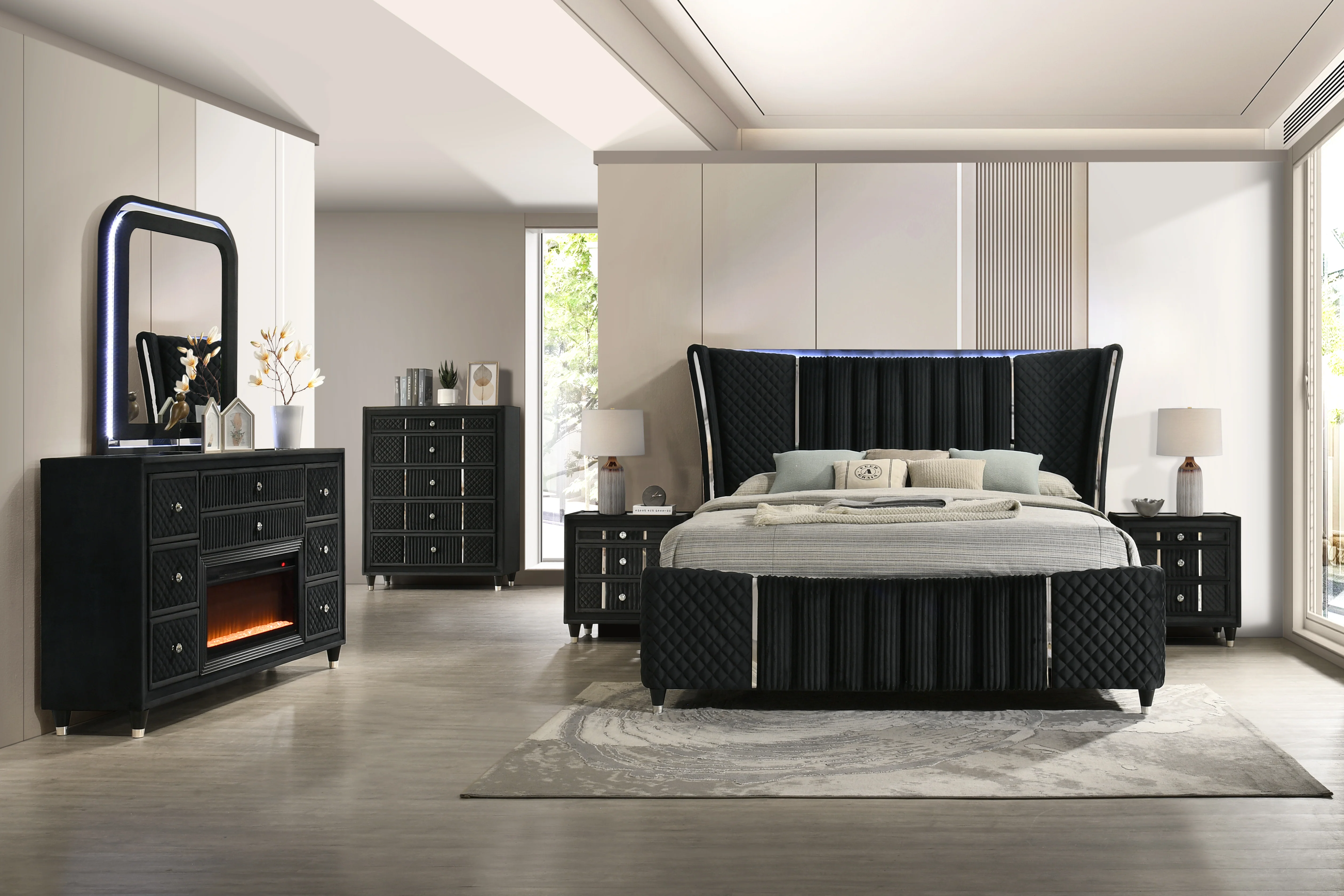 Velvet Black Glam 6-Piece Bedroom Set with LED Bed, Fireplace Dresser, Mirror & Nightstand - Image 2