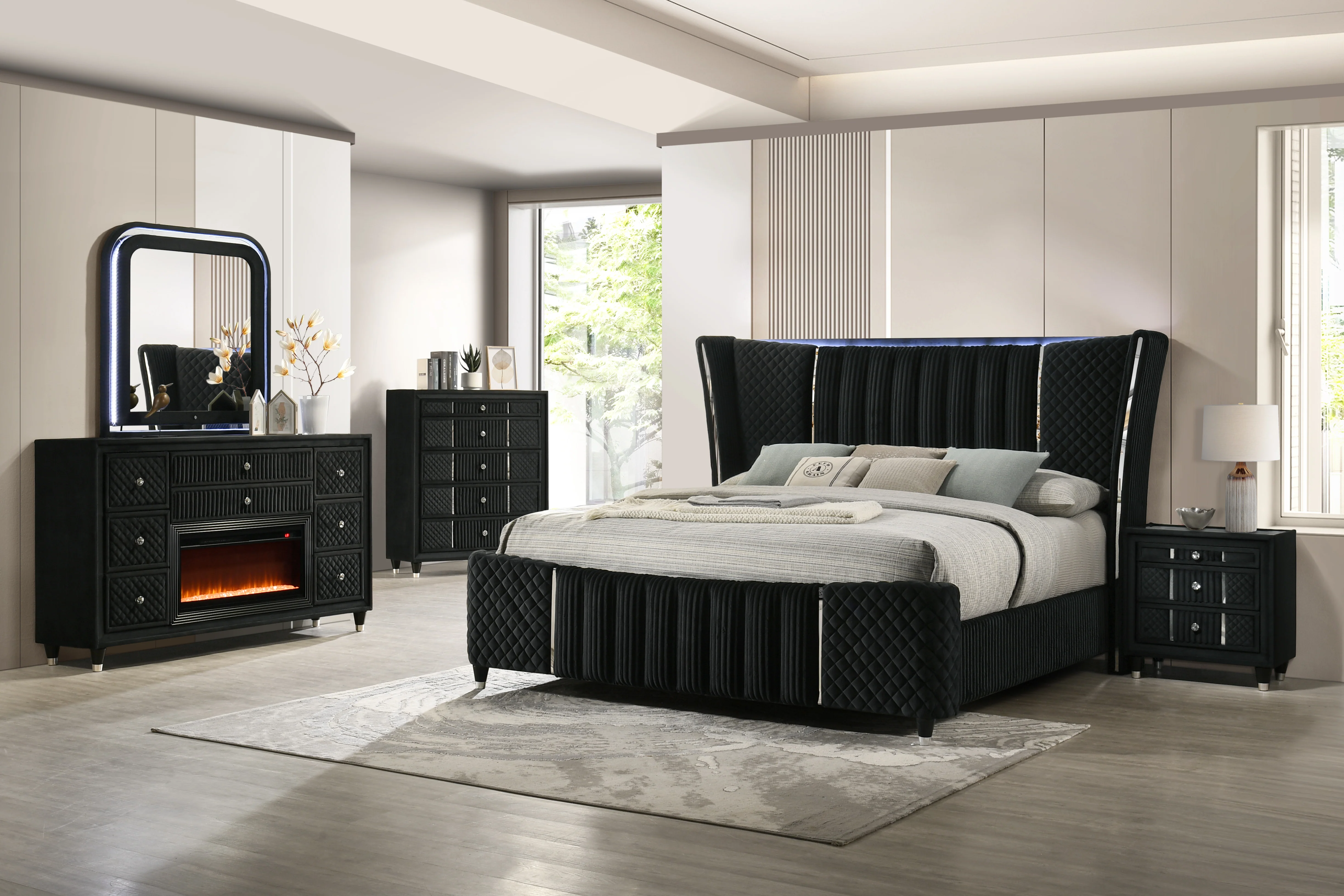 Velvet Black Glam Nightstand with Corduroy Accents - Image 2