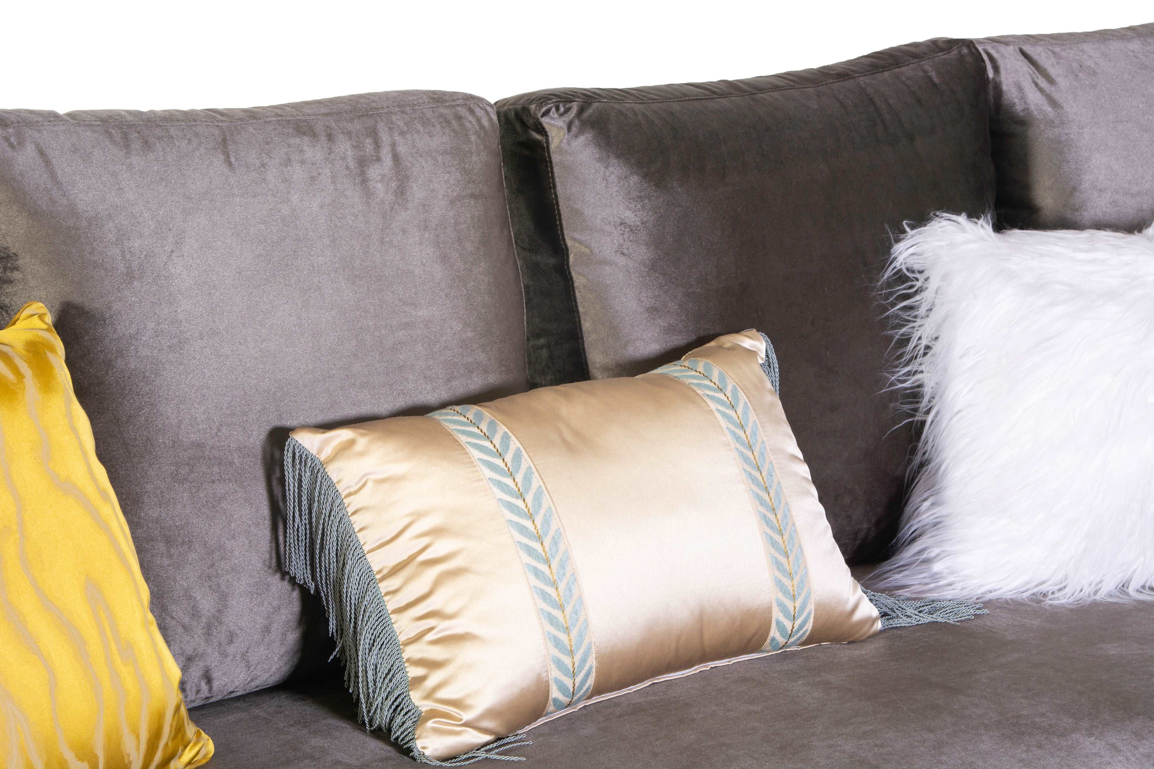 Brown Velvet Sectional Sofa with Gold Trim & Accent Pillows - Image 4