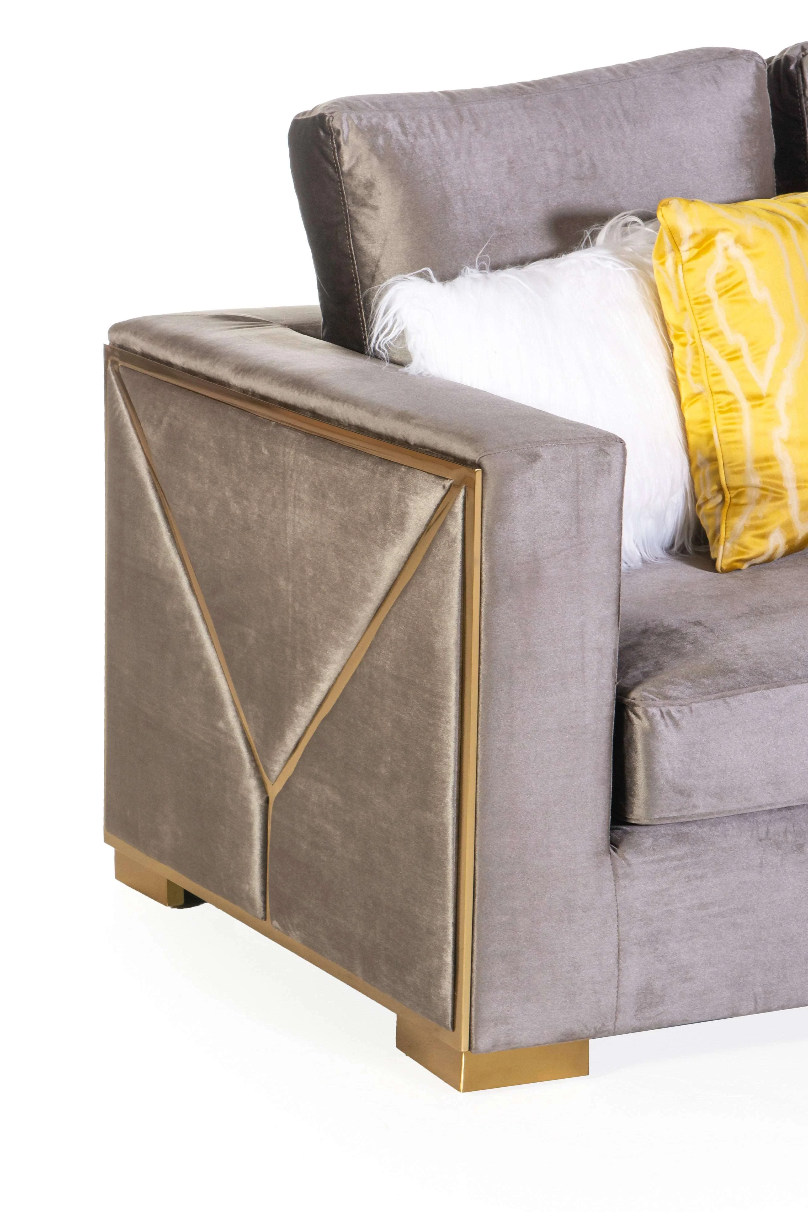 Brown Velvet Sectional Sofa with Gold Trim & Accent Pillows - Image 6