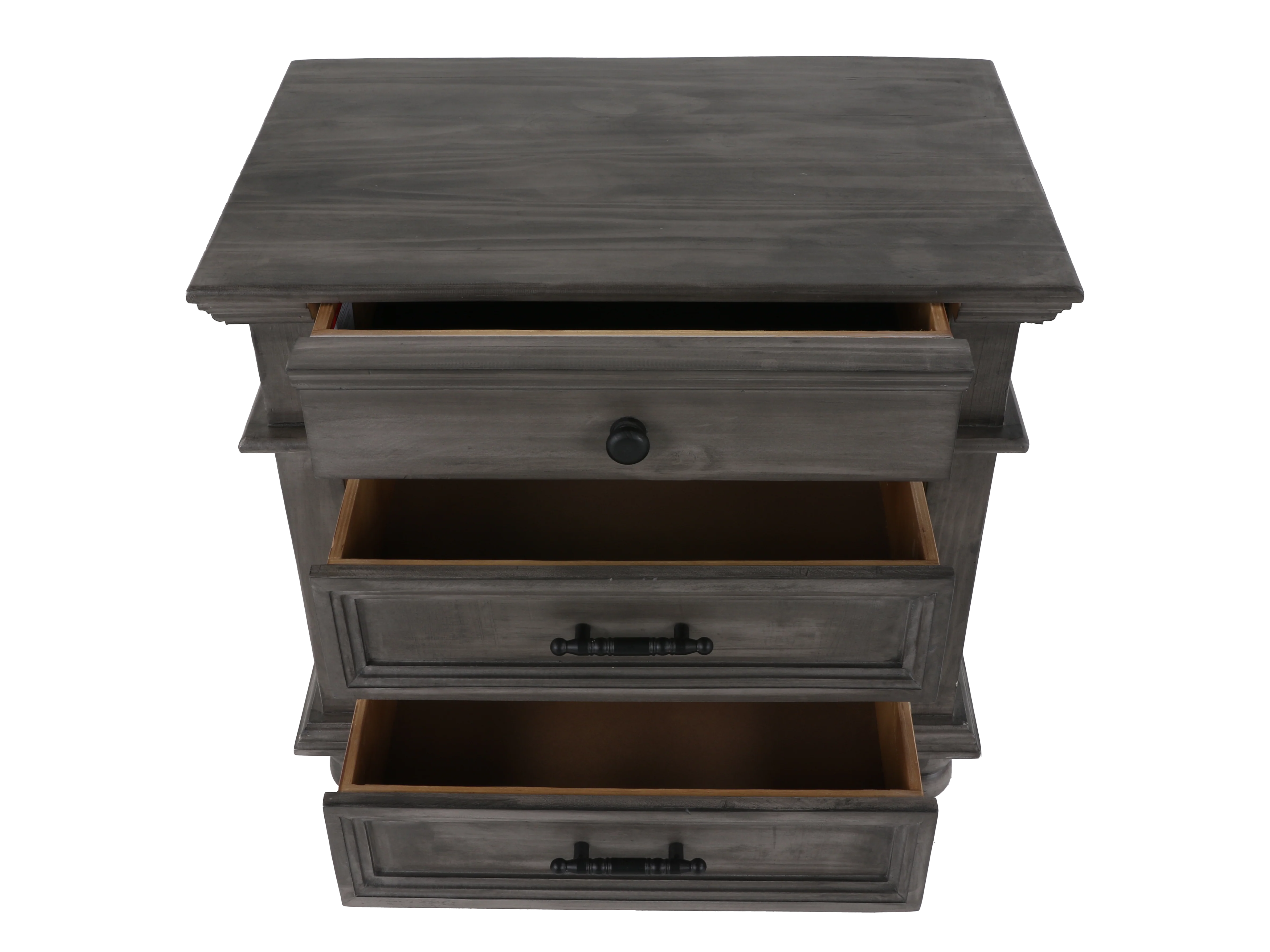 Weathered Gray Farmhouse Nightstand with 3 Drawers & Turned Feet - Image 2