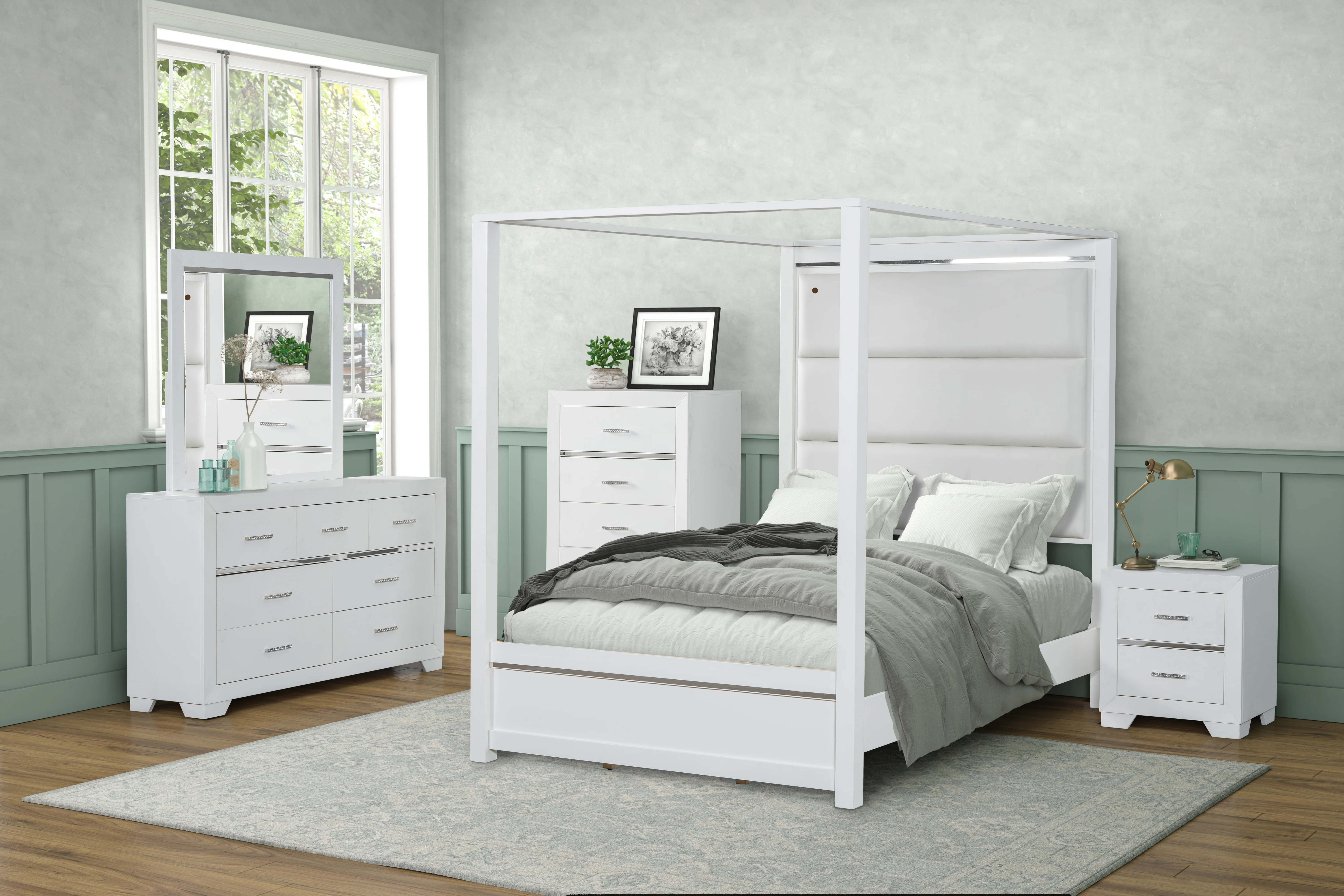 White Canopy 6 Pc Bedroom Set (Bed, Dresser, Mirror & Nightstand)