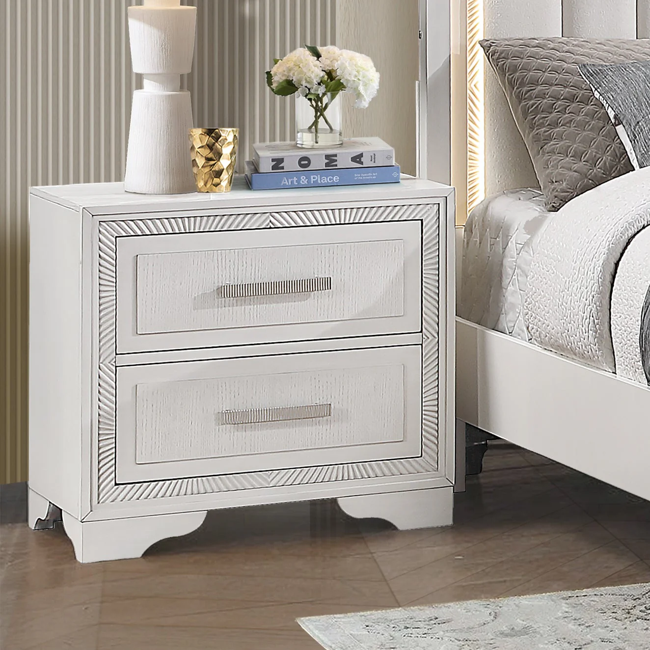 White Contemporary Glam Nightstand w/ Textured Drawer Fronts