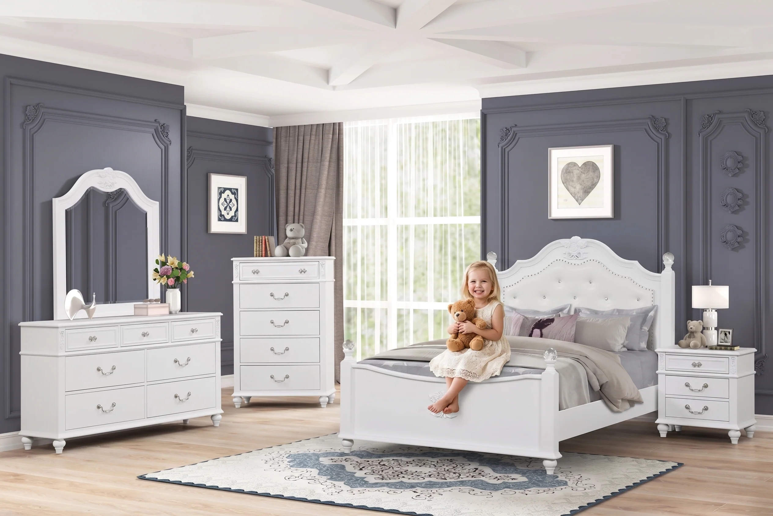 White Glam 6-Piece Bedroom Set with Upholstered Panel Bed, Dresser, Mirror & USB Nightstand - Image 2