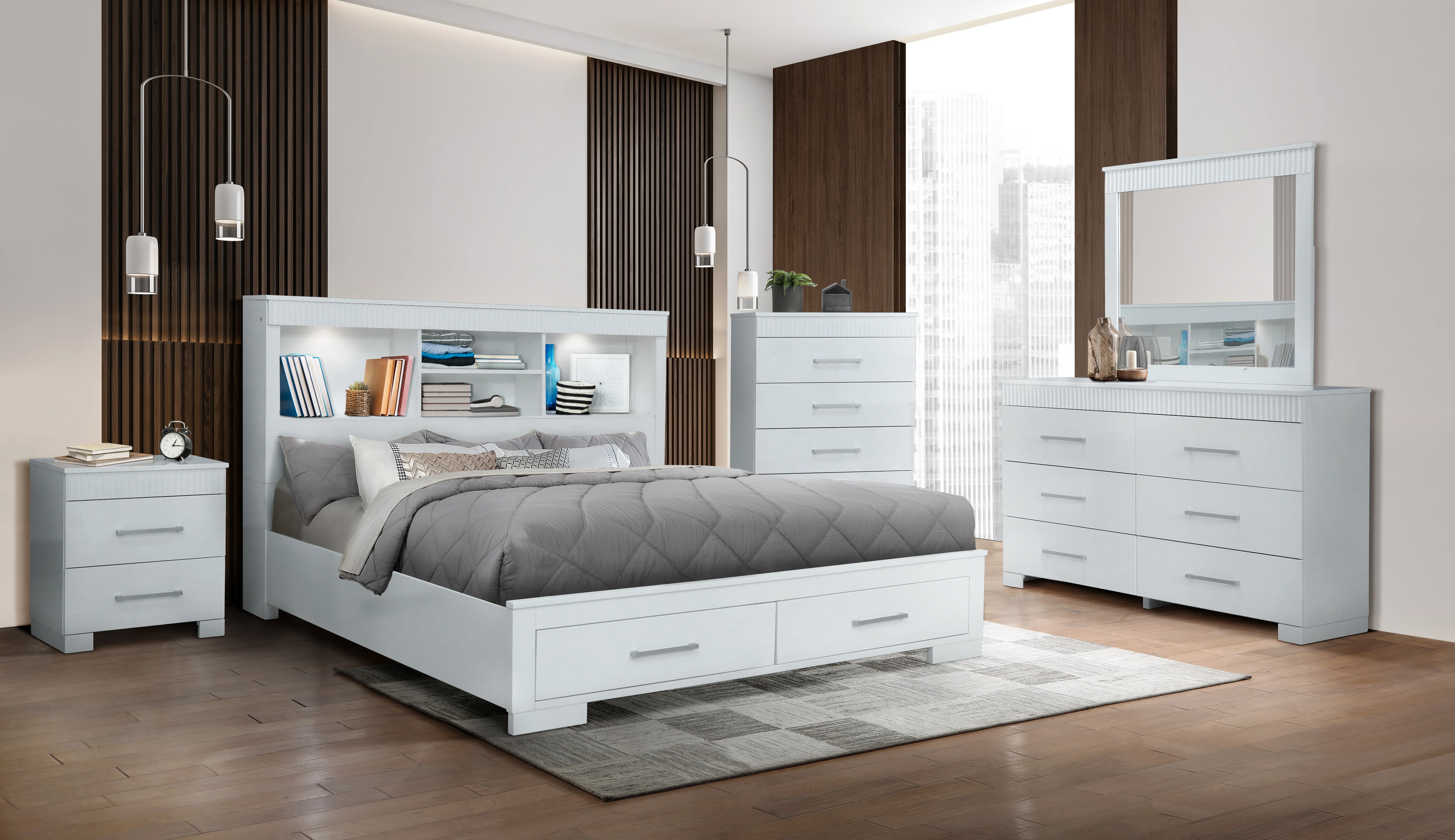 White LED Bookcase Storage Bedroom Set (Bed + Dresser + Mirror + Nightstand) - Image 2