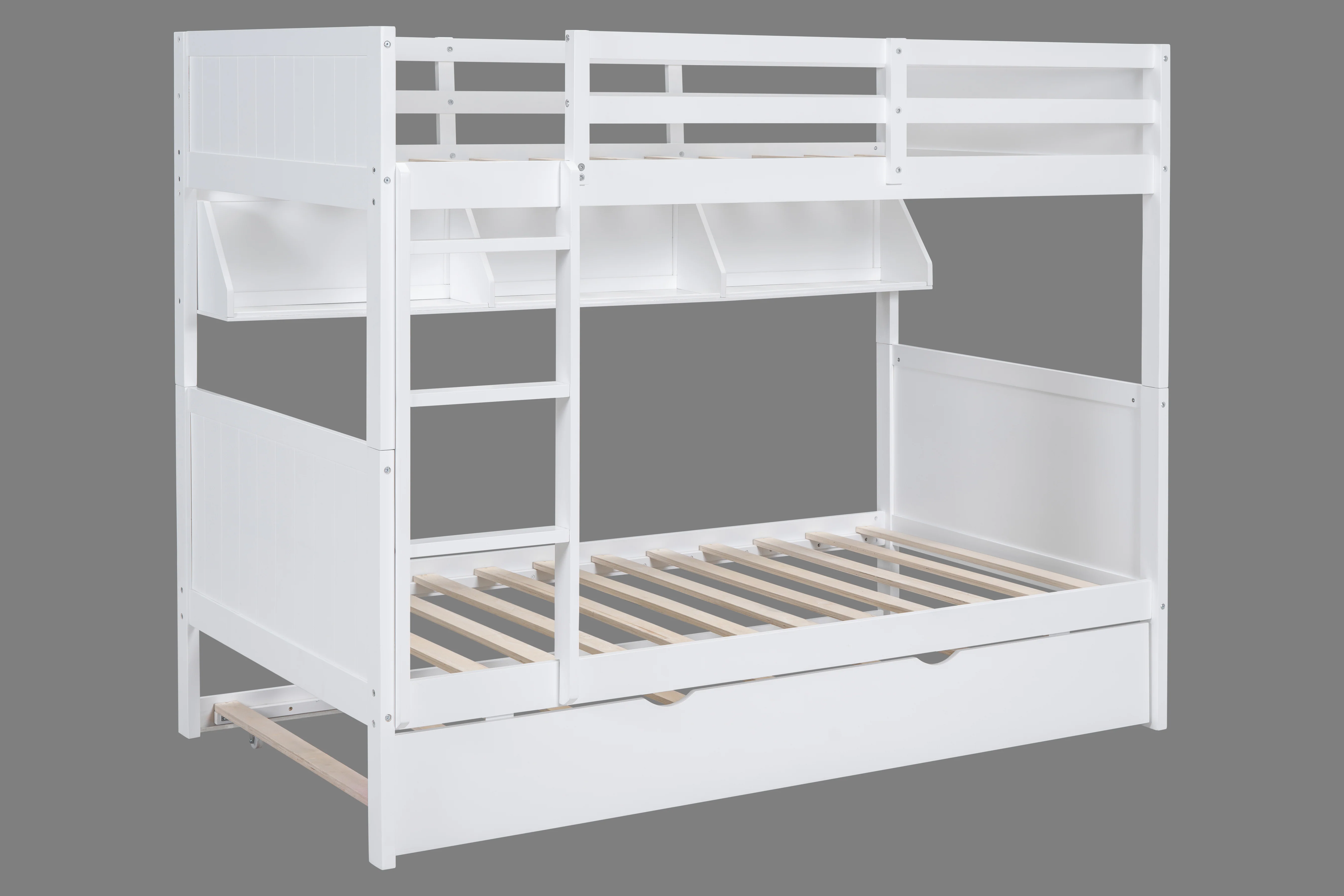 White Twin-Over-Twin Bunk Bed with Bookshelf & Roll-Out Trundle - Image 2
