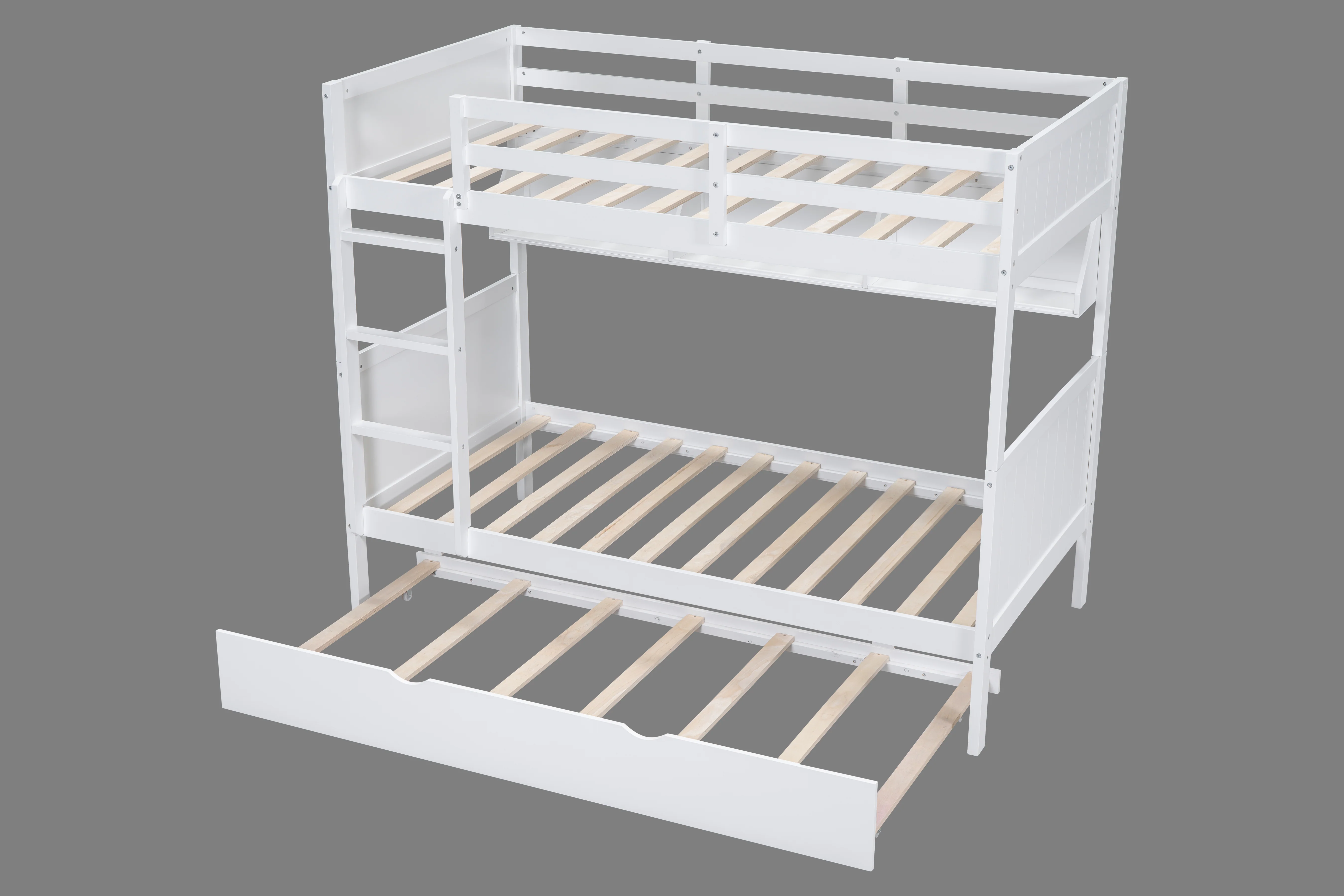 White Twin-Over-Twin Bunk Bed with Bookshelf & Roll-Out Trundle - Image 4