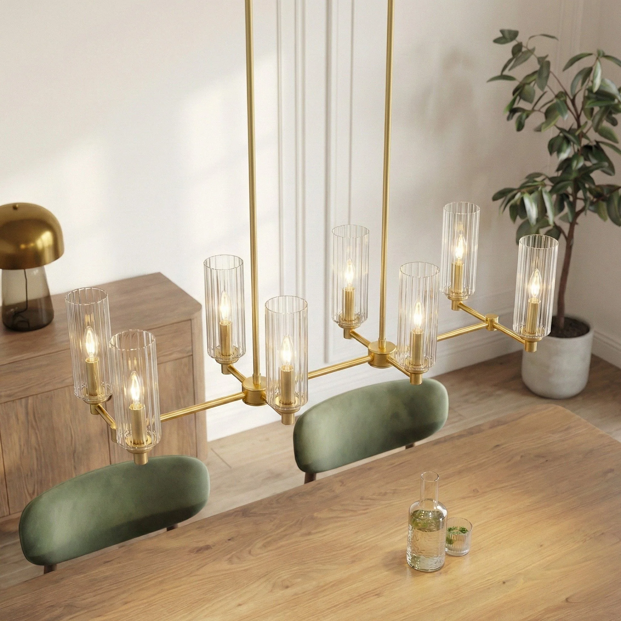 Willow - 8 Lights Island With Clear Ribbed Pendant Lamp Satin - Antique Brass / Clear / Gold - Image 2