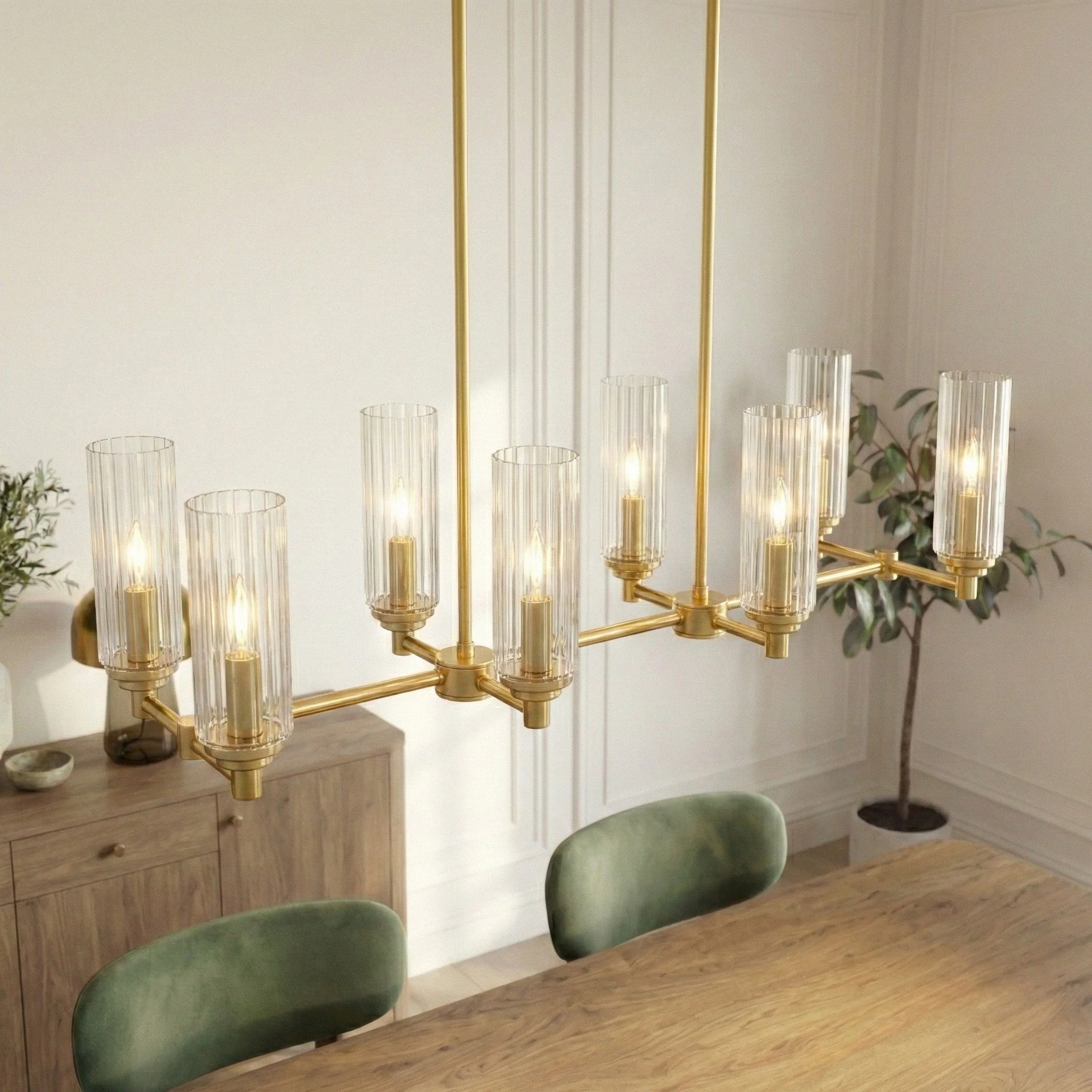 Willow - 8 Lights Island With Clear Ribbed Pendant Lamp Satin - Antique Brass / Clear / Gold - Image 6
