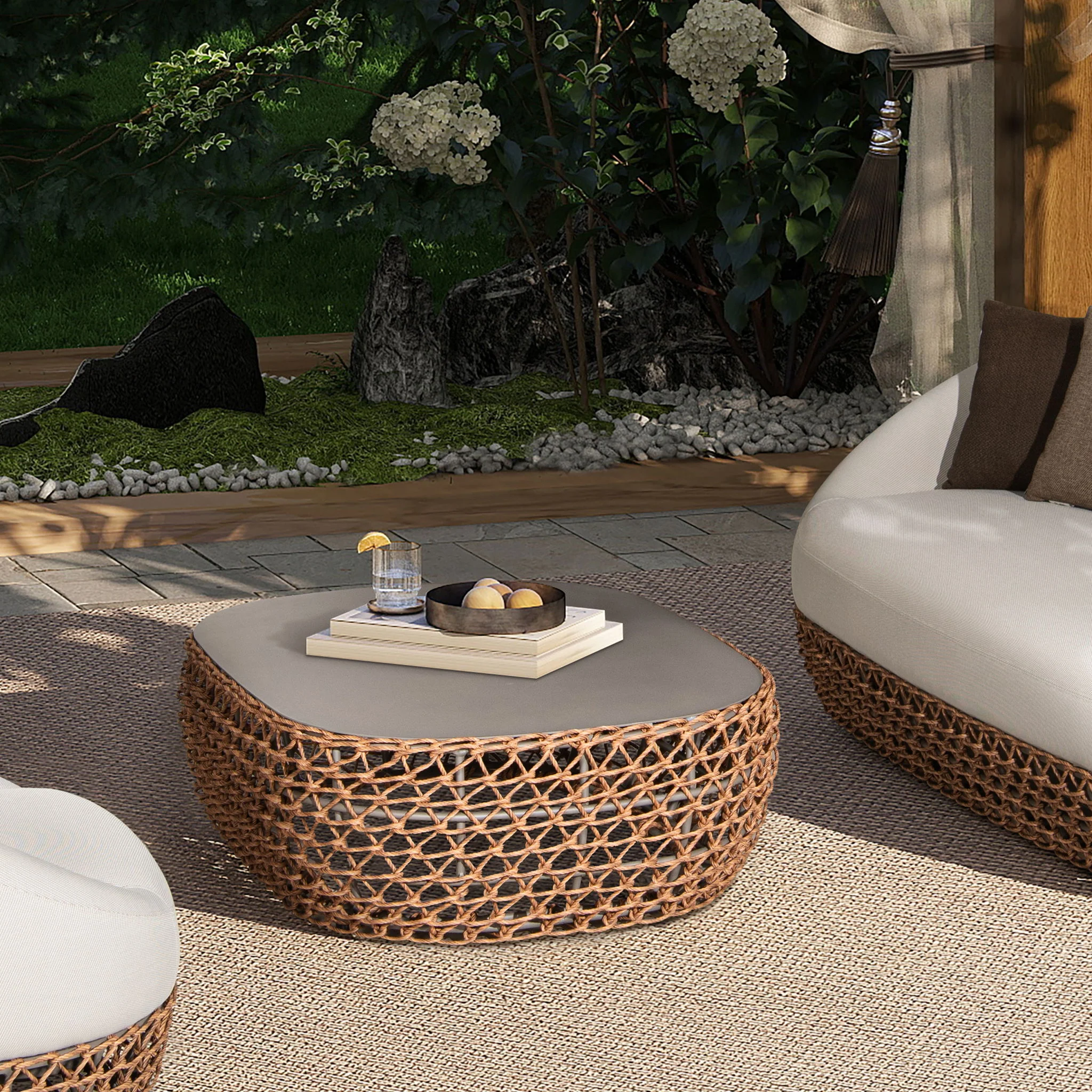 Willow - Oval Woven Patio Coffee Table, Wicker Frame - Image 2