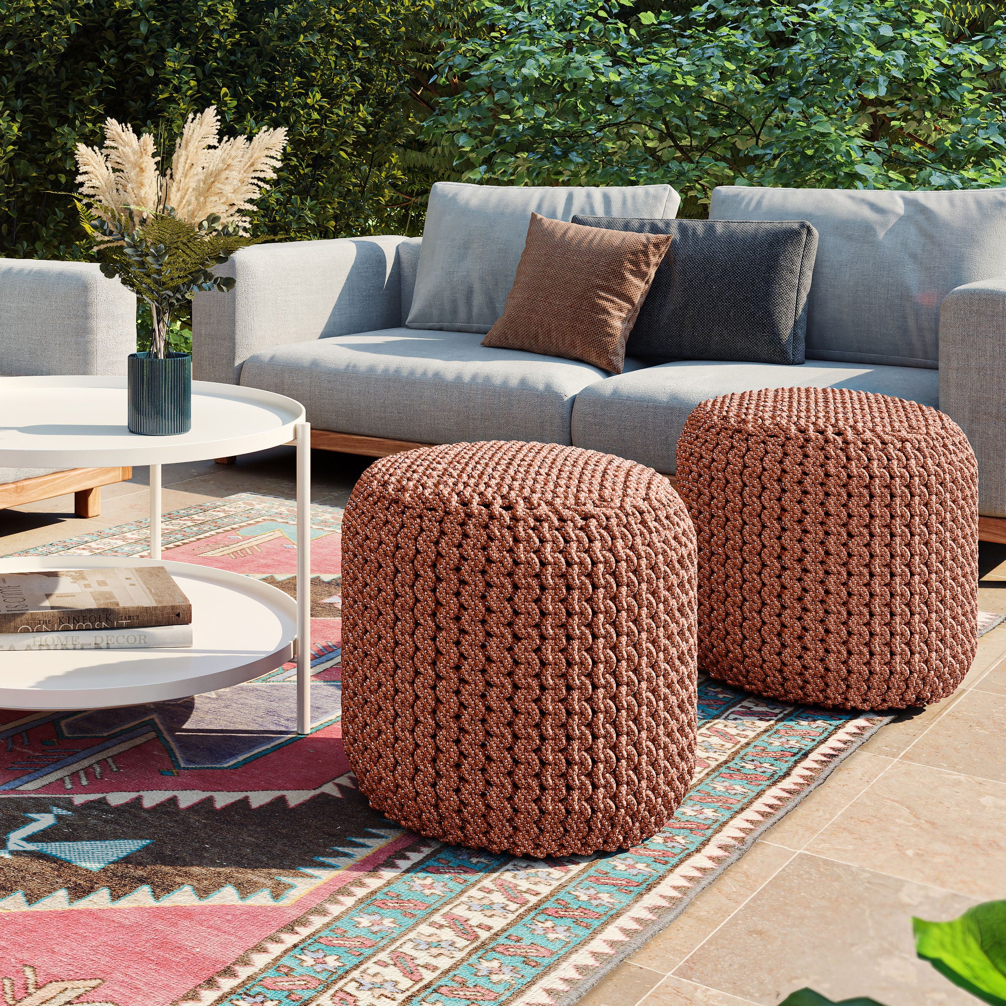 Wynne - Round Knitted Outdoor / Indoor Pouf - Orange - Image 4