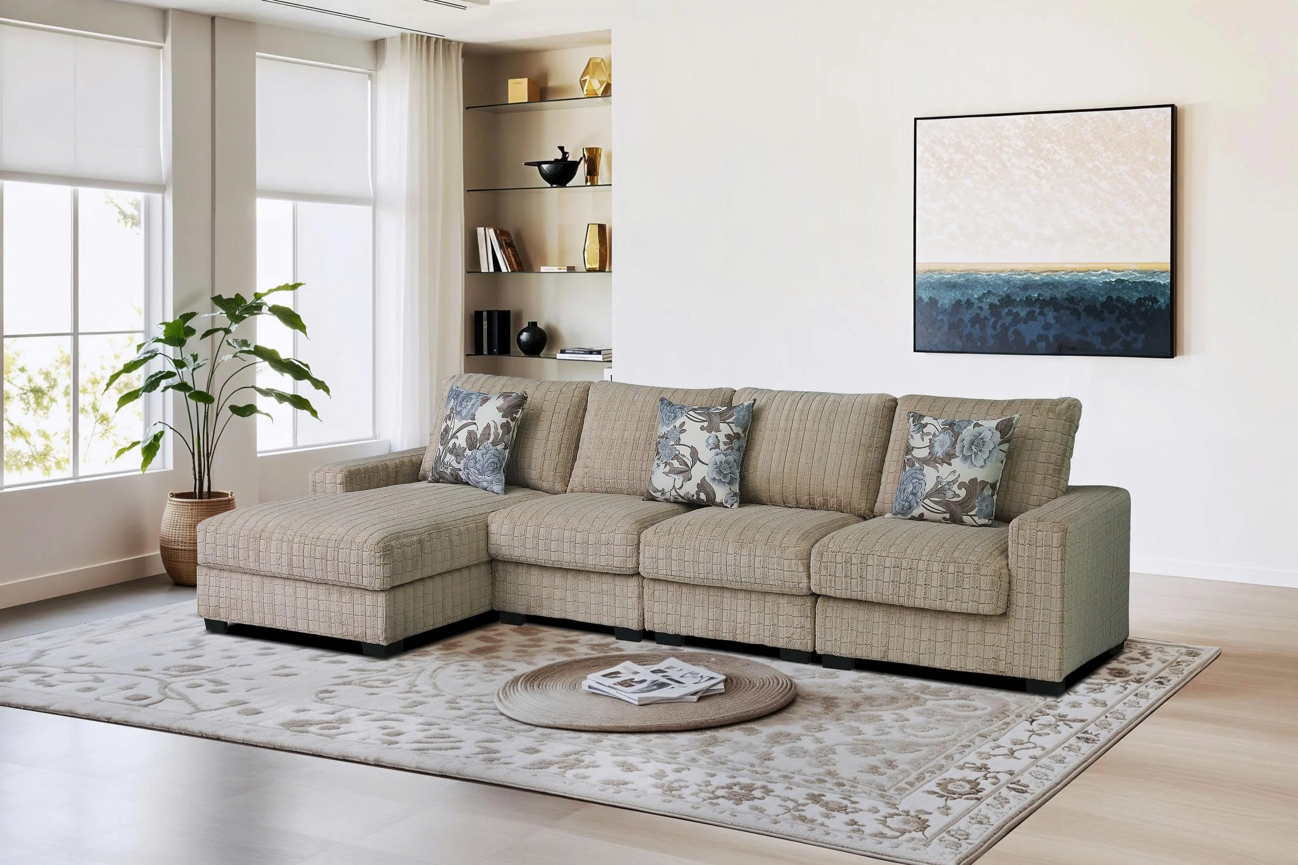 Yopin Dark Beige 3-Piece Sectional Sofa with Chaise and Pillows