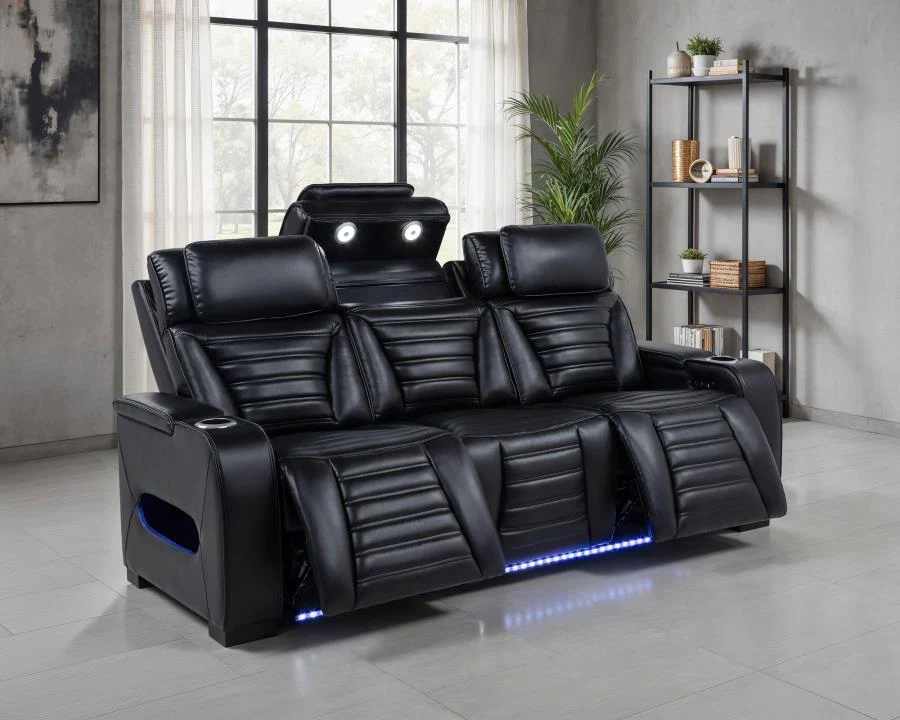 Zuma - Faux Leather Dual Power Reclining LED Sofa - Black - Image 3